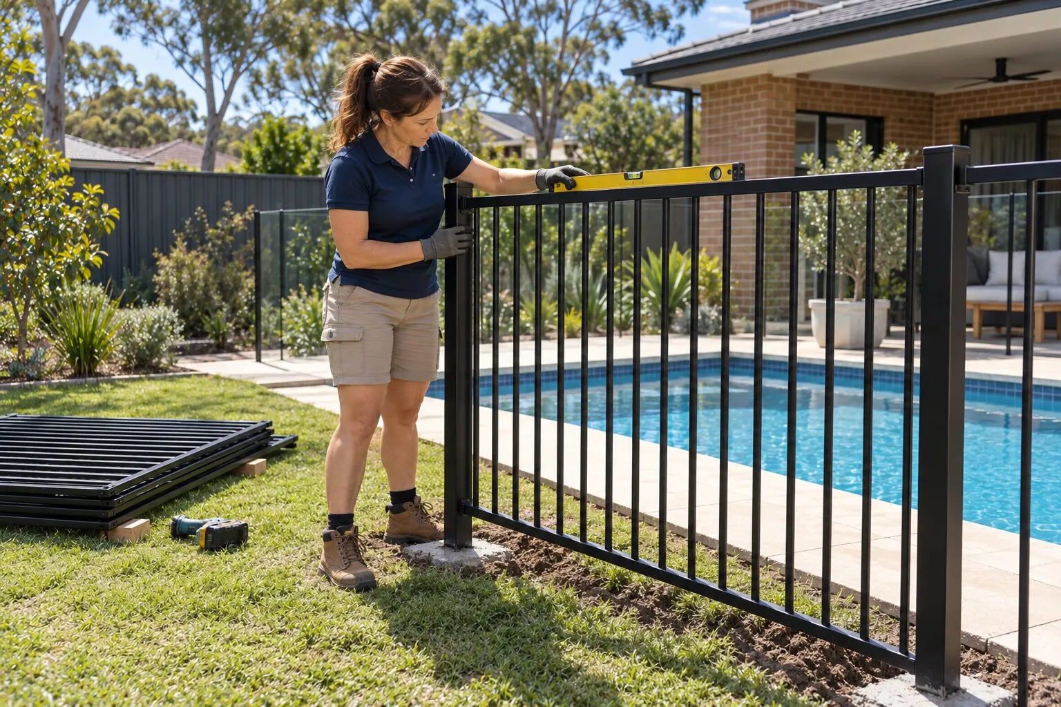 New pool fencing, Sydney: tradesperson levelling the top rail of a black aluminium pool fence